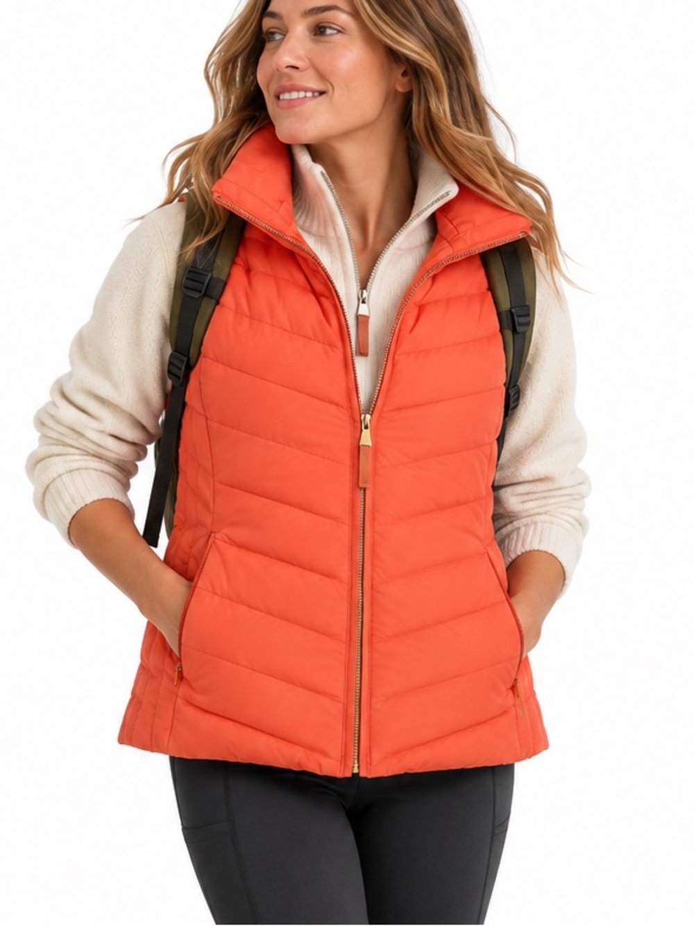 Talbots Bright Orange Down Puffer Vest XS Chevron Quilted Zip Front Stand Collar